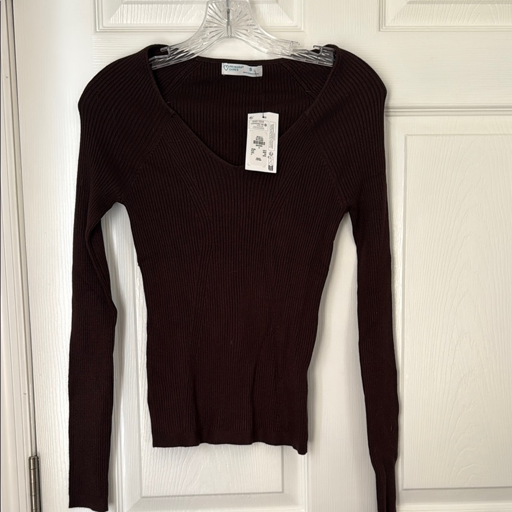 Dark Brown Ribbed Long Sleeve Top
